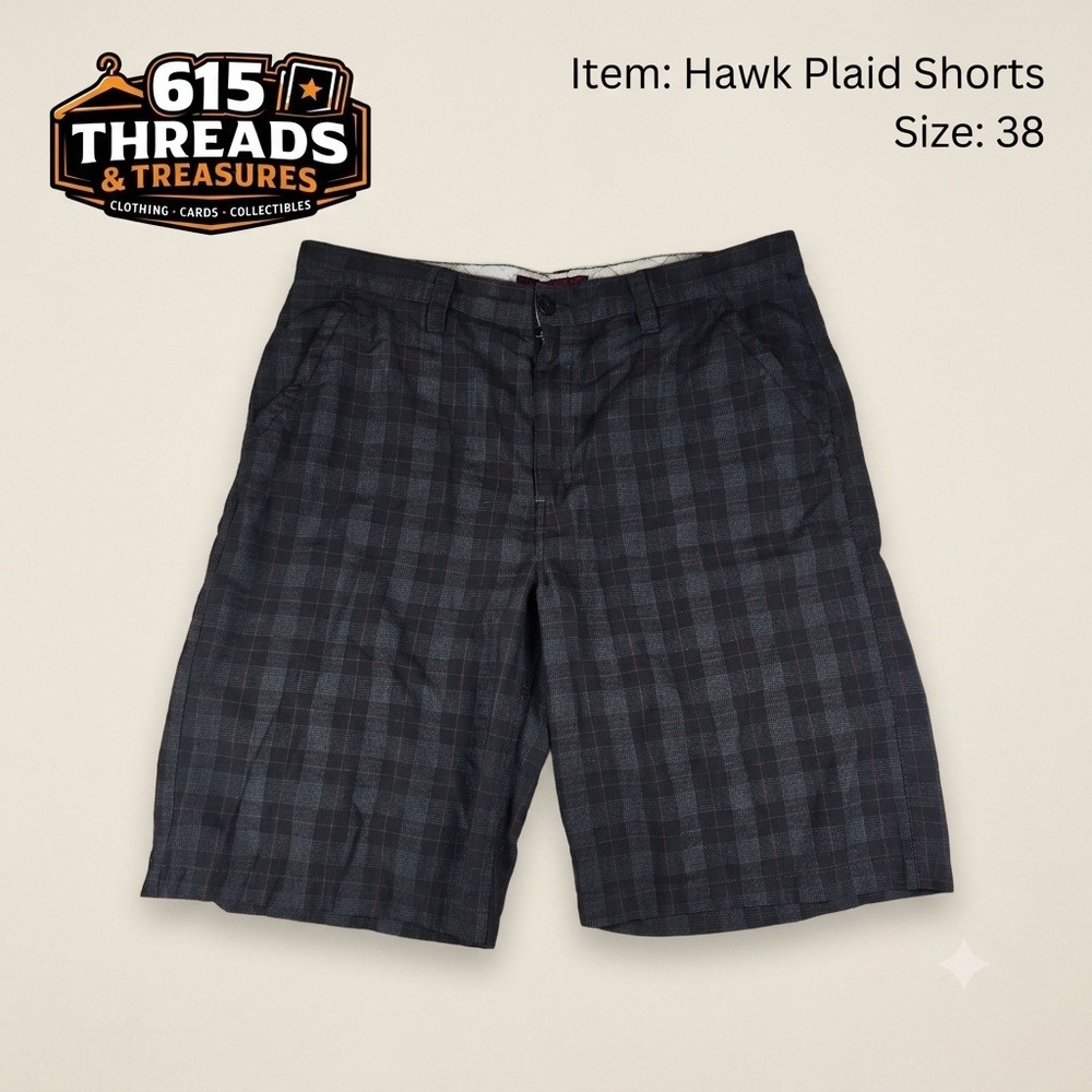 Hawk Mens Plaid Shorts Size 38 Dark Grey Charcoal Black Flat Front Skate